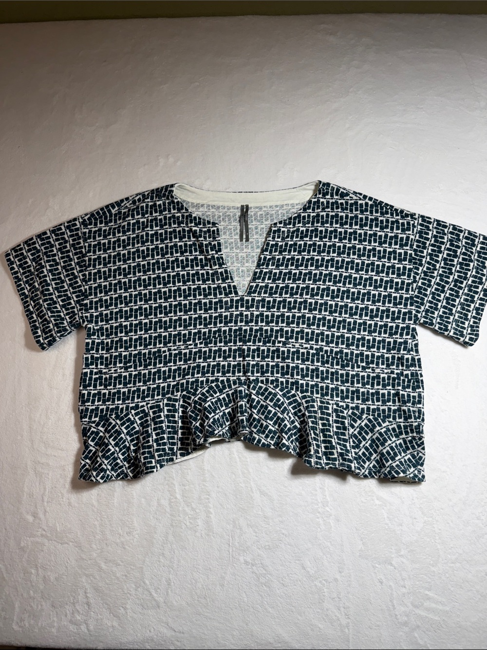 Anthropologie Teal and Cream Cropped Ruffle-Hem Top